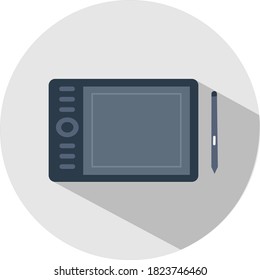 Pen tablet flat vector icon. Digital drawing vector illustration. Long shadow. Isolated on gray background.