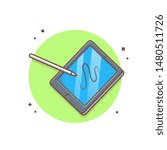 Pen Tablet with Stylus Vector Icon Illustration. Smart Pen Drawing Vector on The Tablet's Screen Place. Flat Cartoon Style Suitable for Web Landing Page, Banner, Flyer, Sticker, Wallpaper, Background