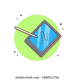 Pen Tablet With Stylus Vector Icon Illustration. Smart Pen Drawing Vector On The Tablet's Screen Place. Flat Cartoon Style Suitable For Web Landing Page, Banner, Flyer, Sticker, Wallpaper, Background