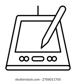 Icono de línea delgada de la tableta de la pluma, concepto de tecnología de dispositivo de dibujo, tablero de pintura digital con signo de lápiz sobre fondo blanco, icono de estilo de contorno para móvil y Diseño web. Gráficos de Vector