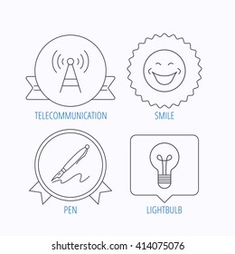 Pen, telecommunication and lightbulb icons. Smiling face linear sign. Award medal, star label and speech bubble designs. Vector