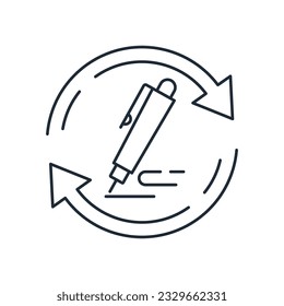 Pen with text and movement arrows. Essay .Vector linear icon isolated on white background. 
