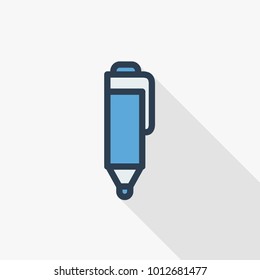 Pen thin line flat color icon. Linear vector illustration. Pictogram isolated on white background. Colorful long shadow design.