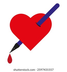 Pen through heart. Red heart wound. Vector love pain. Ink drop detail. EPS 10.