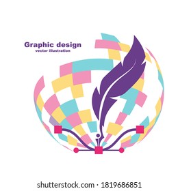 Pen tool cursor. Creative color logo graphic design. Web resources banner. Pen and control points, color picker set. Landing page vector illustration flat design. Isolated on white background.