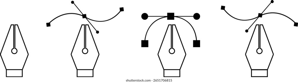 Pen tool cursor set. Vectors computer graphics. Logo for designer or illustrator. Design icons. Curve control points illustration. Outline fountain symbols for infographic, website, mobile app and ui.