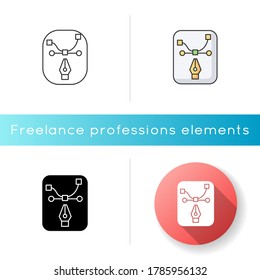 Pen tool icon. Edit curve. Freelance illustrator work in software. Edit image. Nib on anchor, node and path. Scalable file. Linear black and RGB color styles. Isolated vector illustrations
