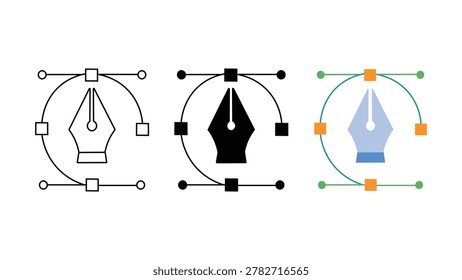 Pen tool icon set bezier curve with fountain pen nib outline solid and color vector