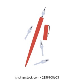 Pen tool with ink nibs, cap, extra tips. Old art accessory for calligraphy, lettering, drawing. Flat vector illustration isolated on white background