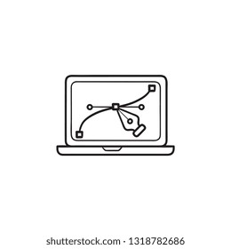 Pen tool on laptop screen hand drawn outline doodle icon. Digital design, web page design concept. Vector sketch illustration for print, web, mobile and infographics on white background.