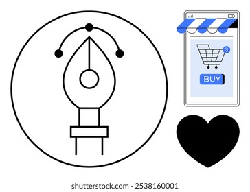 A pen tool symbol, shopping cart on a smartphone screen, and heart shape. Ideal for digital design, e-commerce, online shopping, graphic tools, and user interface design. Modern vector style
