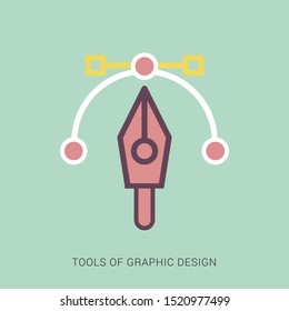 Pen tool. Vector computer graphics. The curve control points. solid color with outline concept.
