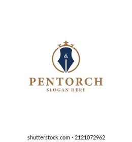 pen, torch and crown logo design