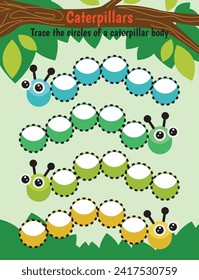 Pen tracing lines activity worksheet for children. Pencil control for kids practicing motoric skills. Caterpillar educational printable worksheet. Vector illustration.