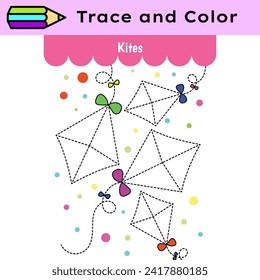 Pen tracing lines activity worksheet for children. Pencil control for kids practicing motoric skills. Kite coloring educational printable worksheet. Vector illustration.