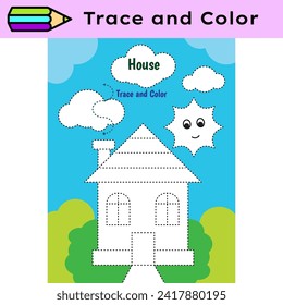 Pen tracing lines activity worksheet for children. Pencil control for kids practicing motoric skills. House educational printable worksheet. Vector illustration.