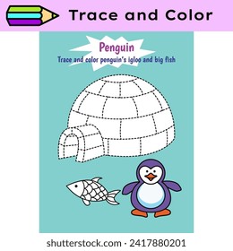 Pen tracing lines activity worksheet for children. Pencil control for kids practicing motoric skills. Penguin igloo educational printable worksheet. Vector illustration.