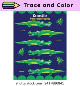 Pen tracing lines activity worksheet for children. Pencil control for kids practicing motoric skills. Crocodiles educational printable worksheet. Vector illustration.