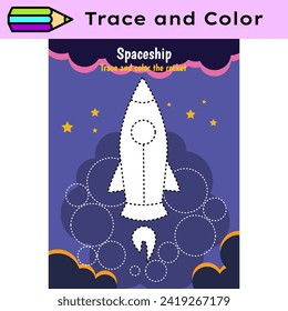 Pen tracing lines activity worksheet for children. Pencil control for kids practicing motoric skills. Rocket in space educational printable worksheet. Vector illustration.