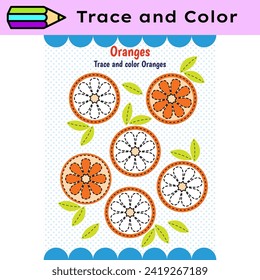 Pen tracing lines activity worksheet for children. Pencil control for kids practicing motoric skills. Oranges educational printable worksheet. Vector illustration.