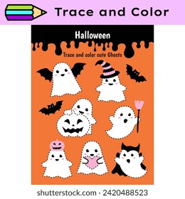 Pen tracing lines activity worksheet for children. Pencil control for kids practicing motoric skills. Halloween educational printable worksheet. Vector illustration