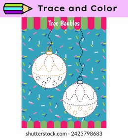 Pen tracing lines activity worksheet for children. Pencil control for kids practicing motoric skills. Tree Baubles educational printable worksheet. Vector illustration