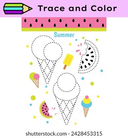 Pen tracing lines activity worksheet for children. Pencil control for kids practicing motoric skills. Ice-cream educational printable worksheet. Vector illustration.