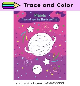 Hoja de trabajo de actividad de líneas de trazado de pluma para niños. Control de lápiz para niños que practican habilidades motoras. Planetas hoja educativa imprimible. Ilustración vectorial.