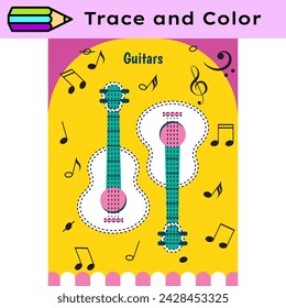Pen tracing lines activity worksheet for children. Pencil control for kids practicing motoric skills. Guitars educational printable worksheet. Vector illustration.