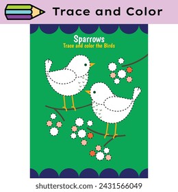 Pen tracing lines activity worksheet for children. Pencil control for kids practicing motoric skills. Sparrow birds educational printable worksheet. Vector illustration.