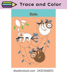 Pen tracing lines activity worksheet for children. Pencil control for kids practicing motoric skills. Sloths educational printable worksheet. Vector illustration.