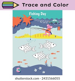 Pen tracing lines activity worksheet for children. Pencil control for kids practicing motoric skills. Fishing day educational printable worksheet. Vector illustration.