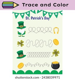 Pen tracing lines activity worksheet for children. Pencil control for kids practicing motoric skills. St Patrick Day educational printable worksheet. Vector illustration.