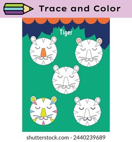 Pen tracing lines activity worksheet for children. Pencil control for kids practicing motoric skills. Tigers educational printable worksheet. Vector illustration.