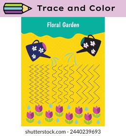 Pen tracing lines activity worksheet for children. Pencil control for kids practicing motoric skills. Garden educational printable worksheet. Vector illustration.