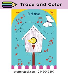 Pen tracing lines activity worksheet for children. Pencil control for kids practicing motoric skills. Bird song spring educational printable worksheet. Vector illustration.