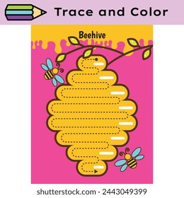 Pen tracing lines activity worksheet for children. Pencil control for kids practicing motoric skills. Beehive educational printable worksheet. Vector illustration.