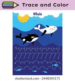Pen tracing lines activity worksheet for children. Pencil control for kids practicing motoric skills. Whales educational printable worksheet. Vector illustration.