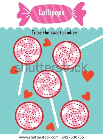 Pen tracing lines activity worksheet for children. Pencil control for kids practicing motoric skills. Lollipops Educational printable worksheet. Vector illustration.