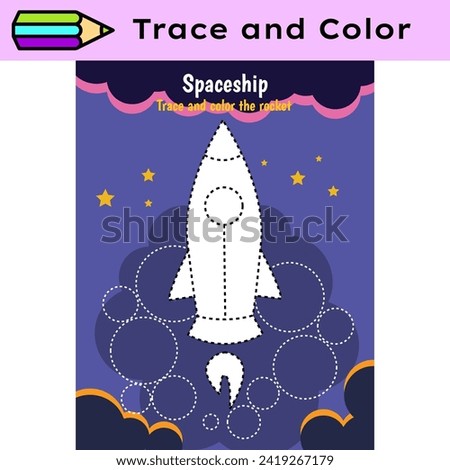 Pen tracing lines activity worksheet for children. Pencil control for kids practicing motoric skills. Rocket in space educational printable worksheet. Vector illustration.