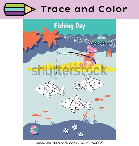 Pen tracing lines activity worksheet for children. Pencil control for kids practicing motoric skills. Fishing day educational printable worksheet. Vector illustration.