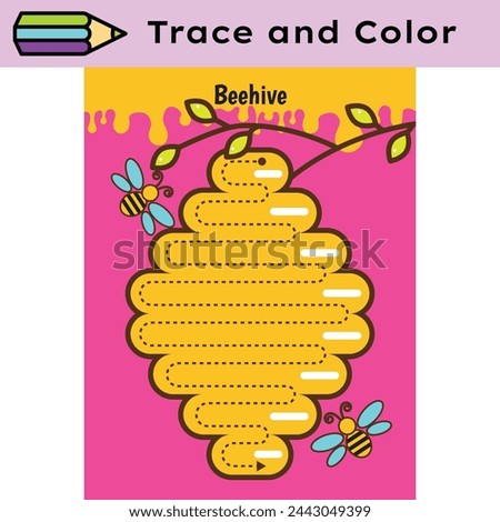 Pen tracing lines activity worksheet for children. Pencil control for kids practicing motoric skills. Beehive educational printable worksheet. Vector illustration.