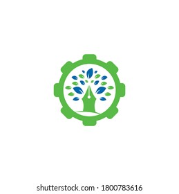 Pen tree gear shape concept logo design template. Pen Tree Leaf Creative Business Logo Design