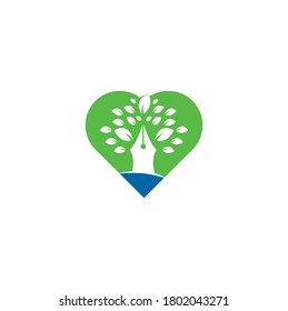 Pen tree heart shape concept logo design template. Pen Tree Leaf Creative Business Logo Design
