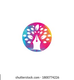 Pen tree logo design template. Education and writer community Logo. Pen Tree Leaf Creative Business Logo Design