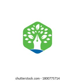 Pen tree logo design template. Education and writer community Logo. Pen Tree Leaf Creative Business Logo Design