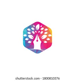 Pen tree logo design template. Education and writer community Logo. Pen Tree Leaf Creative Business Logo Design