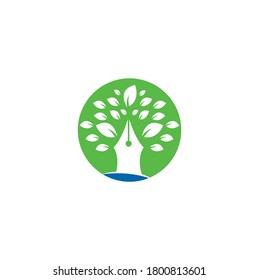 Designvorlage für das Logo des Stiftes. Logo der Gemeinschaft für Bildung und Autoren Designs für kreatives Firmenlogo von Pen Tree Leaf