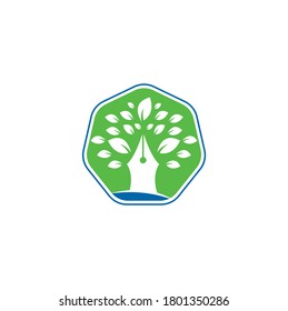 Pen tree logo design template. Education and writer community Logo. Pen Tree Leaf Creative Business Logo Design