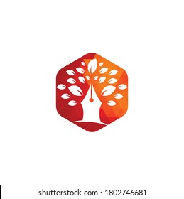 Plantilla de diseño del logotipo del árbol de plumas. Logo de la comunidad educativa y escritora. Diseño del logotipo comercial creativo de la hoja de árbol de pluma